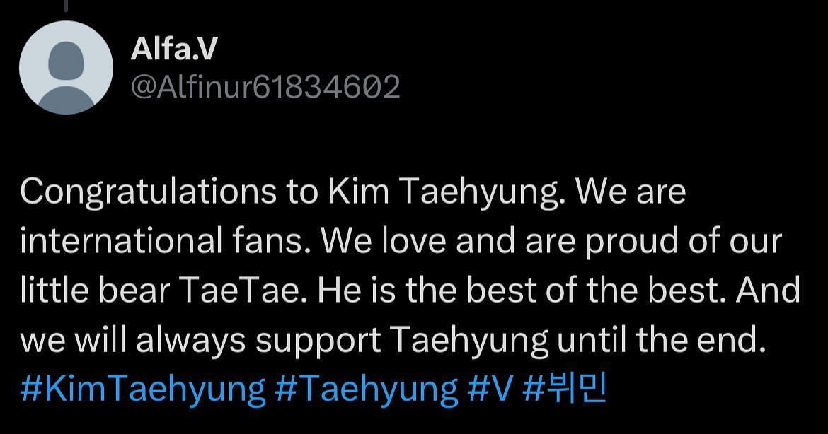 A fan comment on BTS Taehyung's TOP 50 Music Awards win (Image via X/@Alfinur61834602)